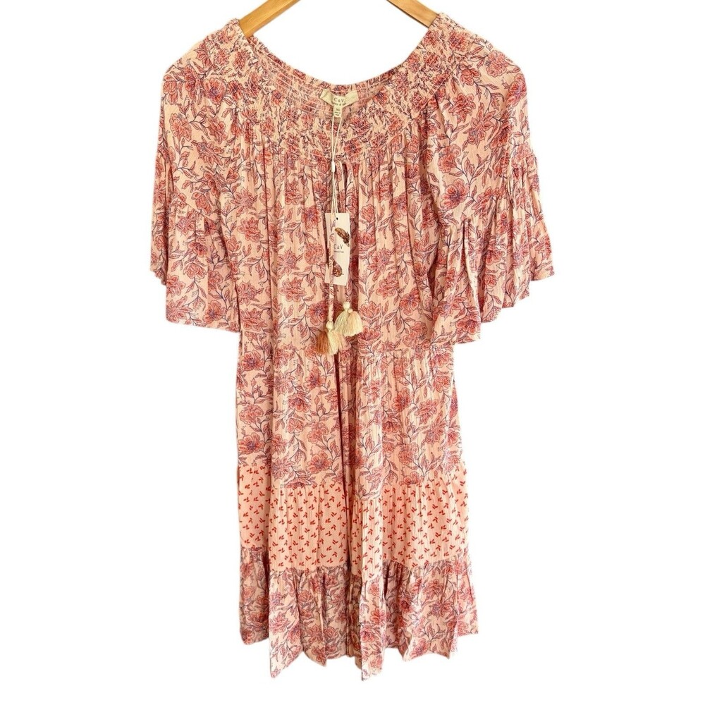 Chelsea Violet Floral Smocked Peasant Dress XS Coral Multi Tassel NWT V3139RYUP